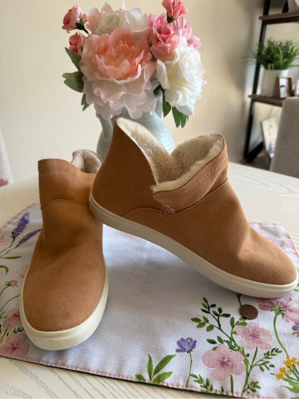 Gianni Bini Women's Faux-Suede Slip-On Booties in Tan